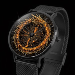 May include: A black wristwatch featuring a round face with a glowing orange dragon coiled in a circle over a dark circuit board pattern. The watch has a black metal mesh strap and thin black hands indicating the time on a dark background.