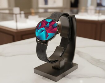 Fashion Ultra-Thin Stainless Steel Quartz Watch with Red & Blue Sharp Contrast Geometric Design