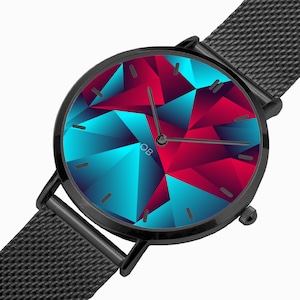 Puede incluir: Reloj de pulsera negro con un diseño geométrico en la esfera. La esfera del reloj presenta un patrón de triángulos rojos y azules. El reloj tiene una correa de malla negra y una caja negra. Las letras "OB" están impresas en la esfera.