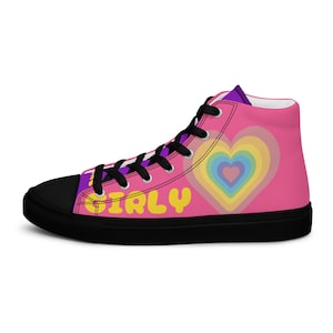 Rainbow Dream: Women&#39;s High Top Canvas Shoes – Pink with Rainbow Heart & Lollipop, Girly Design