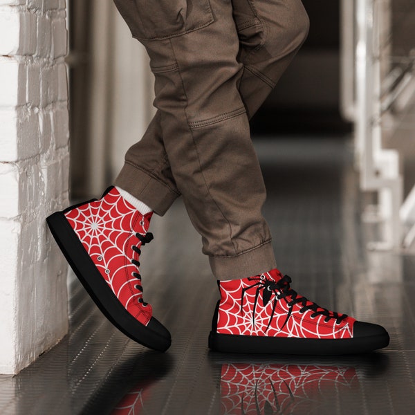 Crimson Arachnid Elegance: Men's Red Shoes with Spider Web Design – High Top Sneakers for a Bold Statement Steampunk