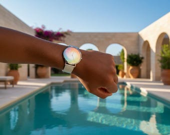 Reloj de cuarzo ultrafino de acero inoxidable con diseño geométrico de remolino arcoíris.