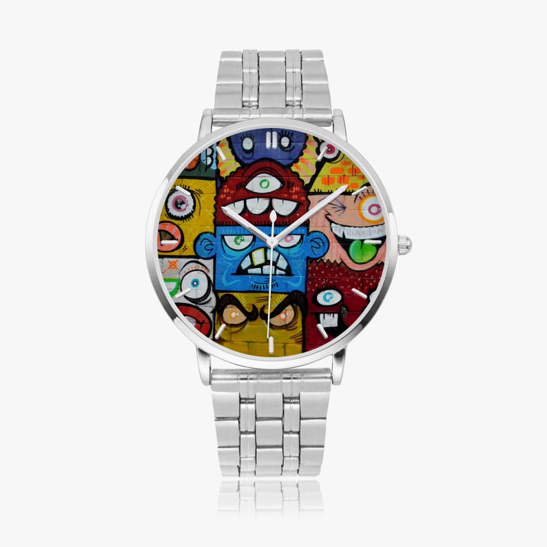 Graffiti Monster Faces Watch – Stainless Steel Street Art Timepiece image 3