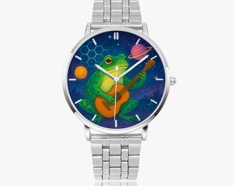 Frosch-Gitarren-Galaxie-Uhr - Edelstahl-Quarz-Unisex-Uhrwerk, farbenfrohes Universum-Kunst-Design