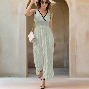 Sage Leaf Harmony Dress – Elegant V-Neck Sleeveless Summer Style with Flowing Botanical Design