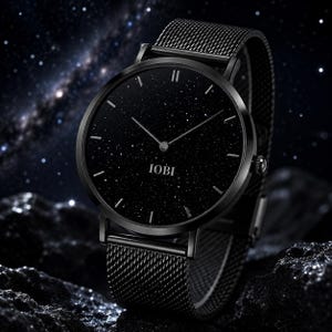 Pode incluir: Um relógio de pulso preto com um mostrador redondo apresentando um padrão de céu estrelado escuro e salpicado, com o texto IOBI impresso em branco. O relógio possui ponteiros finos prateados, marcadores de hora simples e uma pulseira de malha metálica.