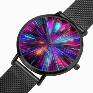 May include: A black wristwatch with a black mesh band and a round face. The face has a colorful abstract design with streaks of pink, blue, yellow, and purple.