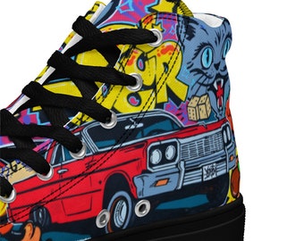 Urban Expression Wheels: Vibrant Street Art Graffiti Sneakers Man's High Tops Canvas with an Old Classic Car and Cool Cat