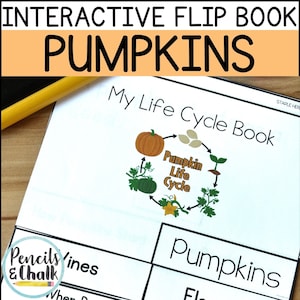May include: A printable flip book for children to learn about the life cycle of a pumpkin. The book includes illustrations of a pumpkin seed, a sprout, a vine with a pumpkin, and a pumpkin with seeds. The text "My Life Cycle Book" and "Pumpkin Life Cycle" is included in the image.