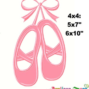 May include: Pink ballet shoe embroidery design with a bow. Available in 4x4, 5x7, and 6x10 inch sizes.