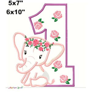 Baby Elephant 1st birthday machine applique design, girl elephant embroidery design pattern, 2 sizes, Instant download