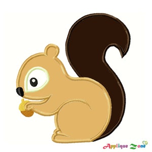 May include: A brown and tan cartoon squirrel holding a yellow acorn. The squirrel has a large, bushy tail.