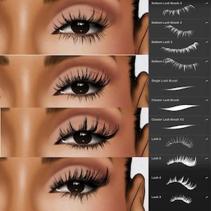 Könnte beinhalten: Nahaufnahme eines Frauenauges mit verschiedenen Wimpern-Styles. Das Bild zeigt verschiedene Wimpernbürsten und ihre Auswirkungen auf die Wimpern. Der Text auf dem Bild lautet: "Bottom Lash Brush 4", "Bottom Lash Brush 3", "Bottom Lash 2", "Bottom Las", "Single Lash Brush", "Cluster Lash Brush", "Cluster Lash Brush V2", "Lash 6", "Lash 5", "Lash 4", "Lash 3".