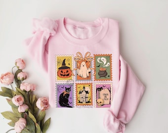 Halloween Sweatshirt Cute Ghost Pumpkin Cat Sweatshirt, Halloween Sweatshirt Women, Halloween Hoodie Sweater, Retro Ghost Fall Spooky Cat