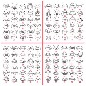 May include: A black and white line art illustration of 120 different dog breeds. Each breed is represented by a simple outline of the dog's head and ears. The illustrations are numbered from 1 to 120.