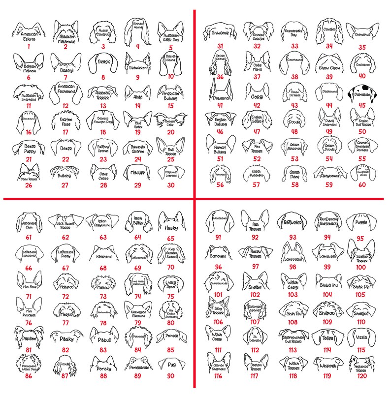 May include: A black and white line art illustration of 120 different dog breeds. Each breed is represented by a simple outline of the dog's head and ears. The illustrations are numbered from 1 to 120.