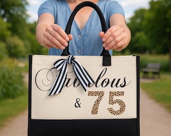 Fabulous 75th Birthday Gift Canvas Tote Bag with Leopard Print: 75th Milestone for Women, Mom