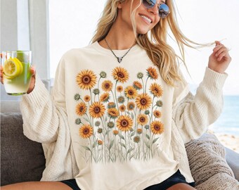 Boho Sunflower Shirt for Women: Comfort Colors® Fall Thanksgiving Flower Print Tee For Her