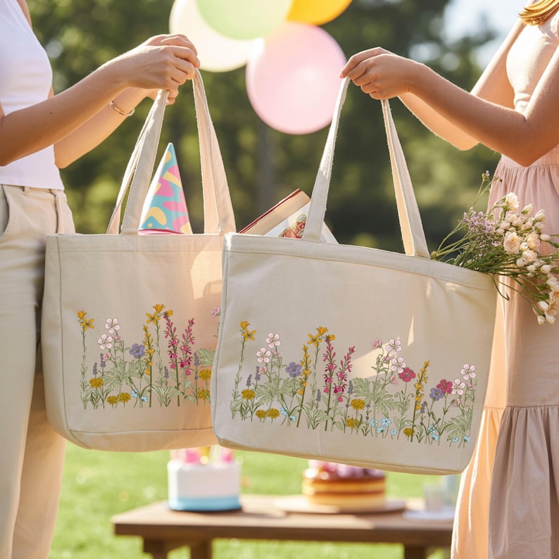 Two women holding large tote bags with floral designs, standing in front of a table with a cake and balloons.