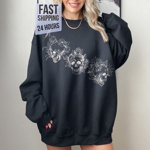 Floral Skull Sweatshirt, Skull Sweatshirt, Crewneck Sweatshirt, Skull Hoodie, Dark Academia Clothing, Halloween Hoodie, Flower Hoodie