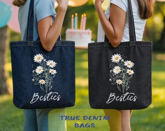 Besties Denim Fabric Tote Bags with Daisy Flower: Floral Best Friend, Sister, Mom Gift