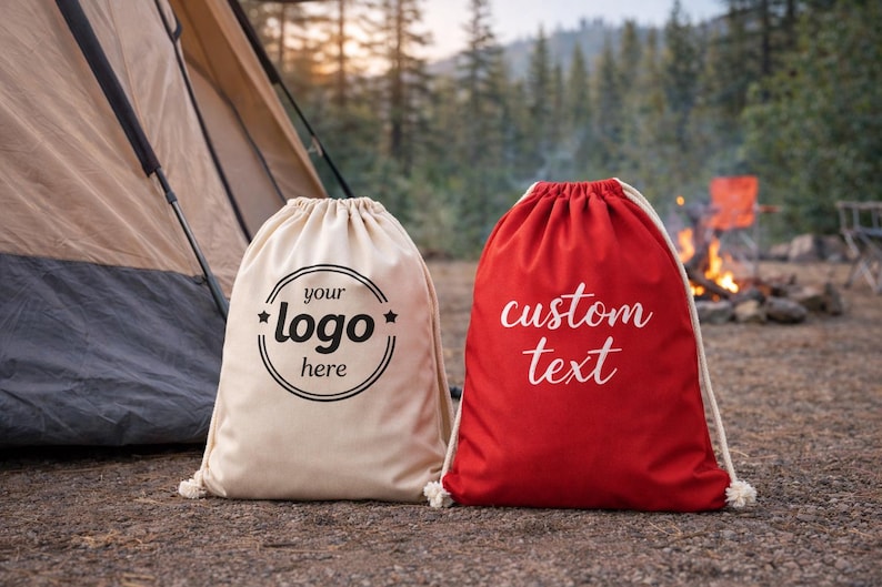 Two canvas bags, one white and one red, are placed on the ground near a tent and a campfire in a forested area.