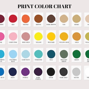 May include: A color chart with 36 different colors, each color is represented by a circle with the color name written below it. The colors are arranged in rows of six, with the first row being maroon, red, orange, brown, dark brown, tan, khaki, and sand. The second row is pink, light pink, rose gold, yellow, mustard, yellow gold, gold, and vegas gold. The third row is california blue, columbia blue, light blue, turquoise, teal, military green, green, and kelly green. The fourth row is royal blue, navy, purple, dark purple, siyah, dark gray, silver, and white.