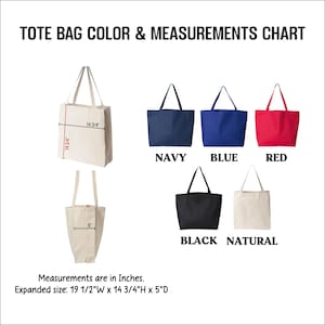 The image is a color and measurements chart for tote bags, displaying various colors and their corresponding measurements.
