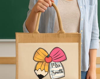 Personalized Teacher Tote Bag with Custom Name, Kindergarten Preschool Teacher Coquette Bow Bag, Teacher Appreciation Gifts, Christmas Gifts