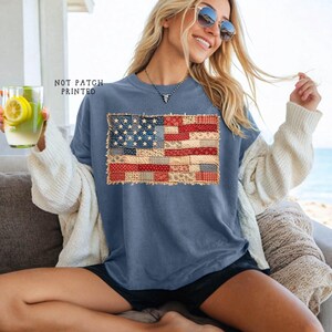 Comfort Colors® America 250th Years Anniversary Shirt:  Faux Patchwork USA flag, 4th of July