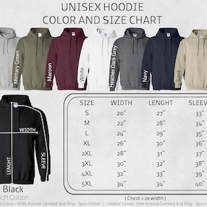 May include: Unisex hoodie size chart with colour options in Sport Grey, Military Green, Maroon, White, Heather Dark Grey, Navy, and Sand. The chart shows sizes from Small to 5XL with corresponding width, length, and sleeve measurements in inches.