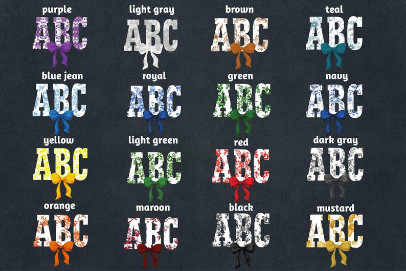 a grid of twelve different color variations of the letters "ABC" with bows, each variation representing a different color and style.