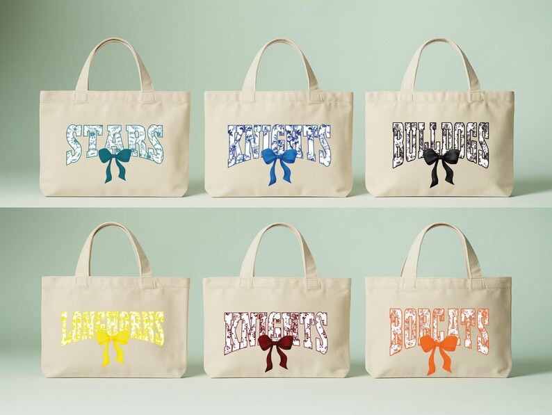 six beige tote bags with the word "STARS" printed on them, each with a different color bow.