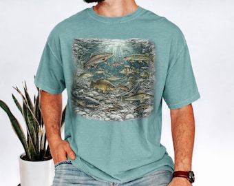Comfort Colors® Fishing Shirt for Men: 90s River Wildlife TShirt , Vintage Retro Rainbow Trout