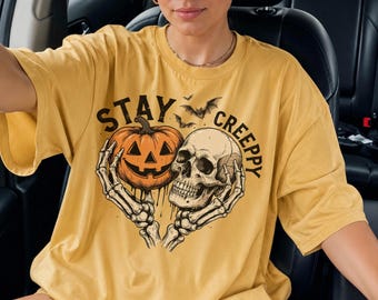 Stay Creepy Skeleton Pumpkin Shirt : Witchy Skull Tee, Halloween Party Tshirt