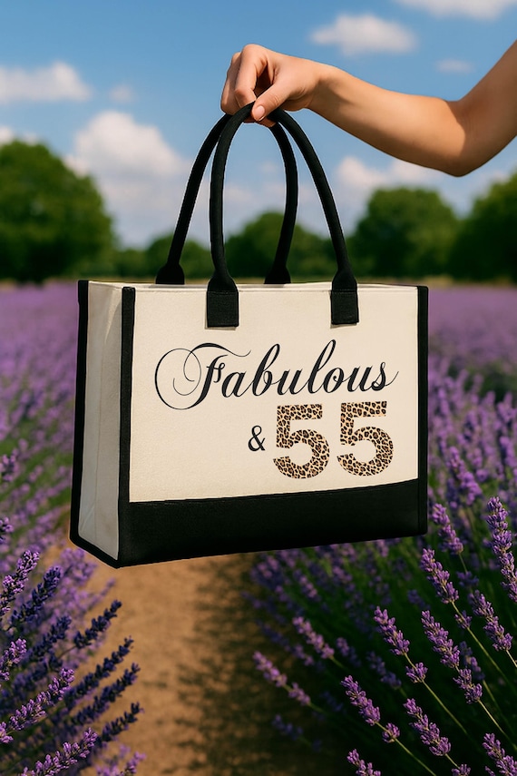 Fabulous 55 Birthday Gift Canvas Tote Bag : 55th Birthday Nickels Milestone Gift for Women, Leopard Print Canvas Bag for Mom