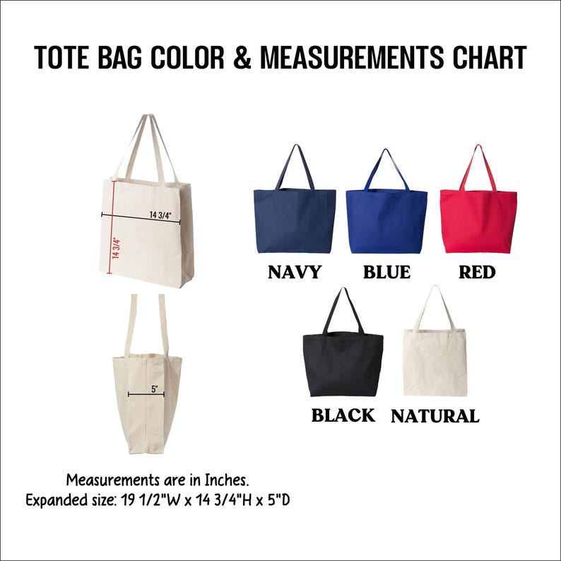The image is a color and measurements chart for tote bags, displaying various colors and their corresponding measurements.