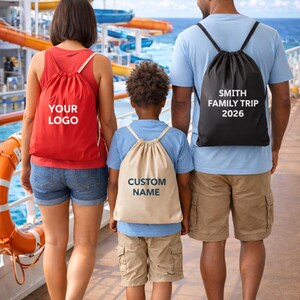 A family of three, consisting of a mother, father, and child, are standing on a cruise ship deck, with the ocean and water slides visible in the background.