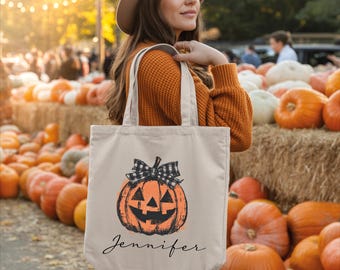 Personalized Halloween Trick or Treat Bag with Custom Name: Halloween Party Squad Bags for Women, Funny Scary Pumpkin Faces Candy Sack