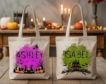 Personalized Trick or Treat Bag, Halloween Bags For Kids, Custom Halloween Tote Bag, Canvas Tote Bag with Kids Name, Cute Tote Bag For Candy