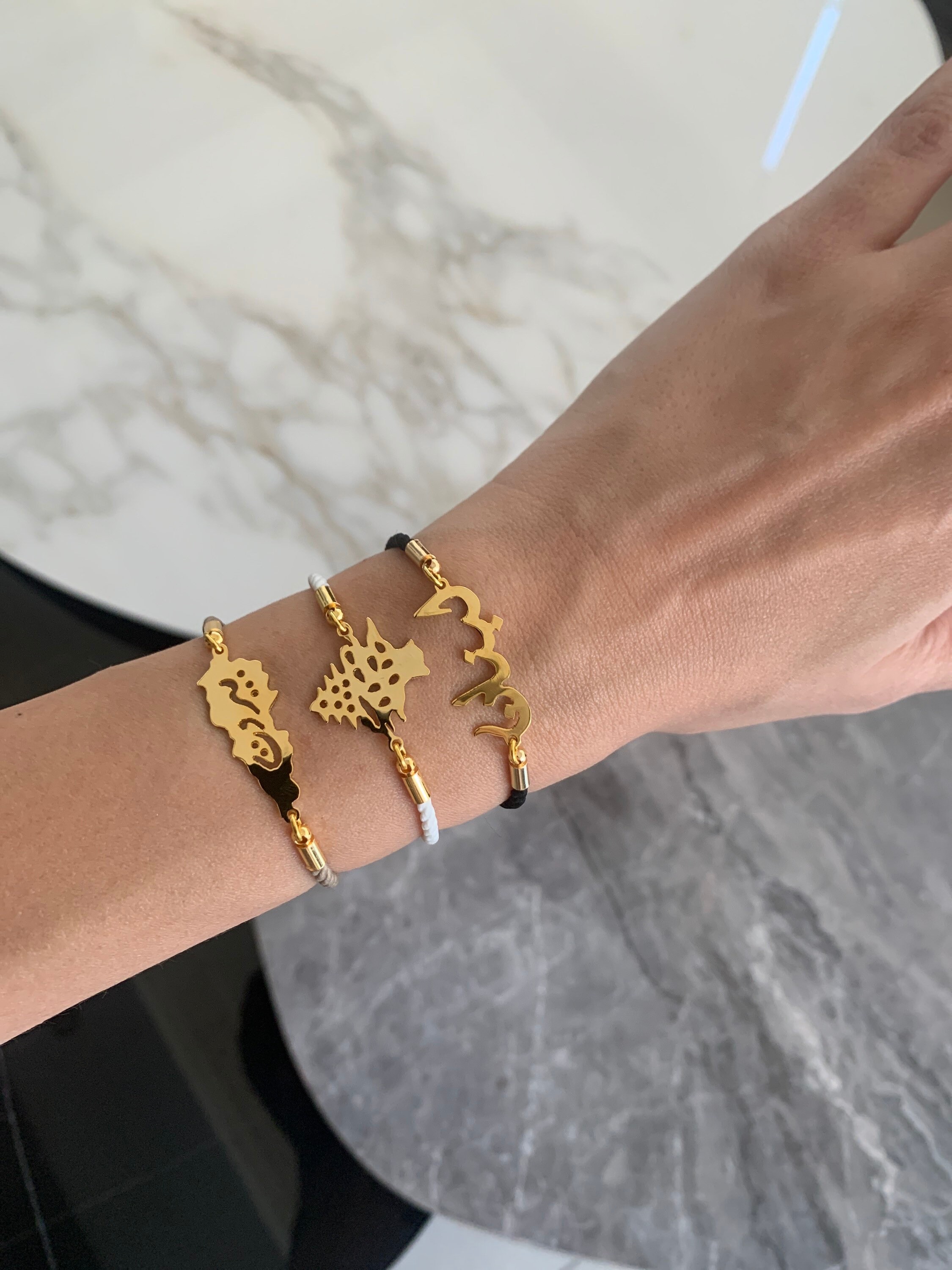 Set of 3 Bracelets gold Plated Lebanon Map Bracelet Cedar Tree Bracelet