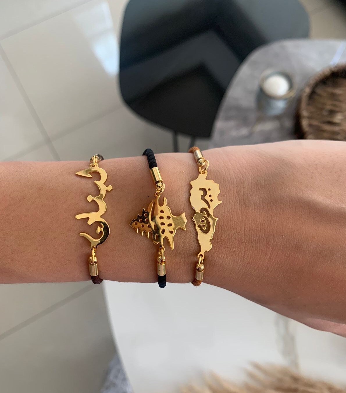 Set of 3 Bracelets gold Plated Lebanon Map Bracelet Cedar Tree Bracelet