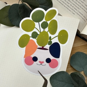 Pilea geld plant lapjeskat sticker, vinyl tuinieren cadeau voor plantenliefhebbers, schattig groen duimdecor, Cottagecore gezellige plantenbakontwerp