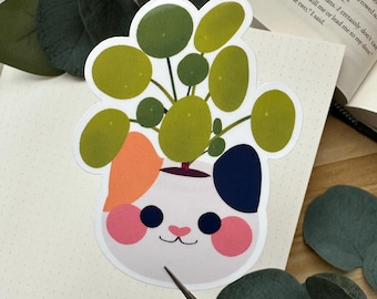 Pilea Money Plant Calico Cat Sticker, Vinyl Gardening Gift for Plant Lovers, Cute Green Thumb Decor, Cottagecore Cozy Planter Design