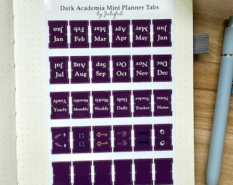 Dark Academia Themed Mini Planner Tabs | Glossy Durable Vinyl | Self-Adhesive Dividers | 12-month organizer | Bujo, Journal, Planner labels
