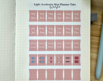 Light Academia Themed Mini Planner Tabs | Glossy Durable Vinyl | Self-Adhesive Dividers | 12-month organizer | Bujo, Journal, Planner labels