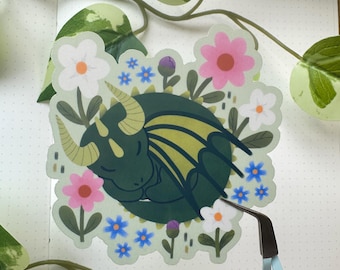 Sleeping Green Dragon Sticker | Cute Fantasy Vinyl Sticker for Water Bottles, Journals, Laptops |Cottagecore Floral Dragon Sticker Gift