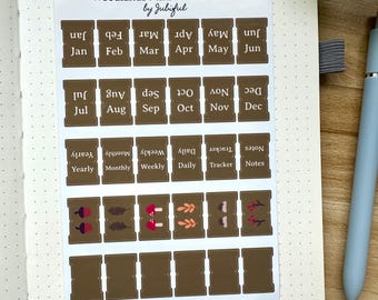 Woodland Themed Mini Planner Tabs | Glossy Durable Vinyl | Self-Adhesive Dividers | 12-month organizer | Bujo, Journal, Planner labels