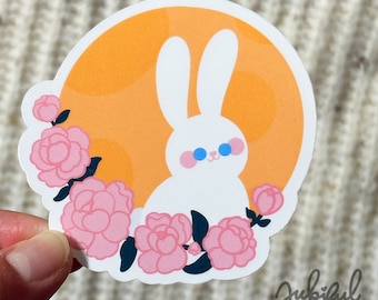 Cute White Moon Rabbit with Pink Peony | Kawaii Magical Bunny Sticker for Kindles, Laptops, and Water Bottles