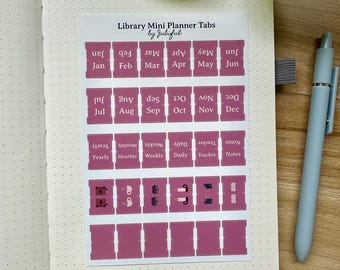 Library Themed Mini Planner Tabs | Glossy Durable Vinyl | Self-Adhesive Dividers | 12-month organizer | Bujo, Journal, Planner labels